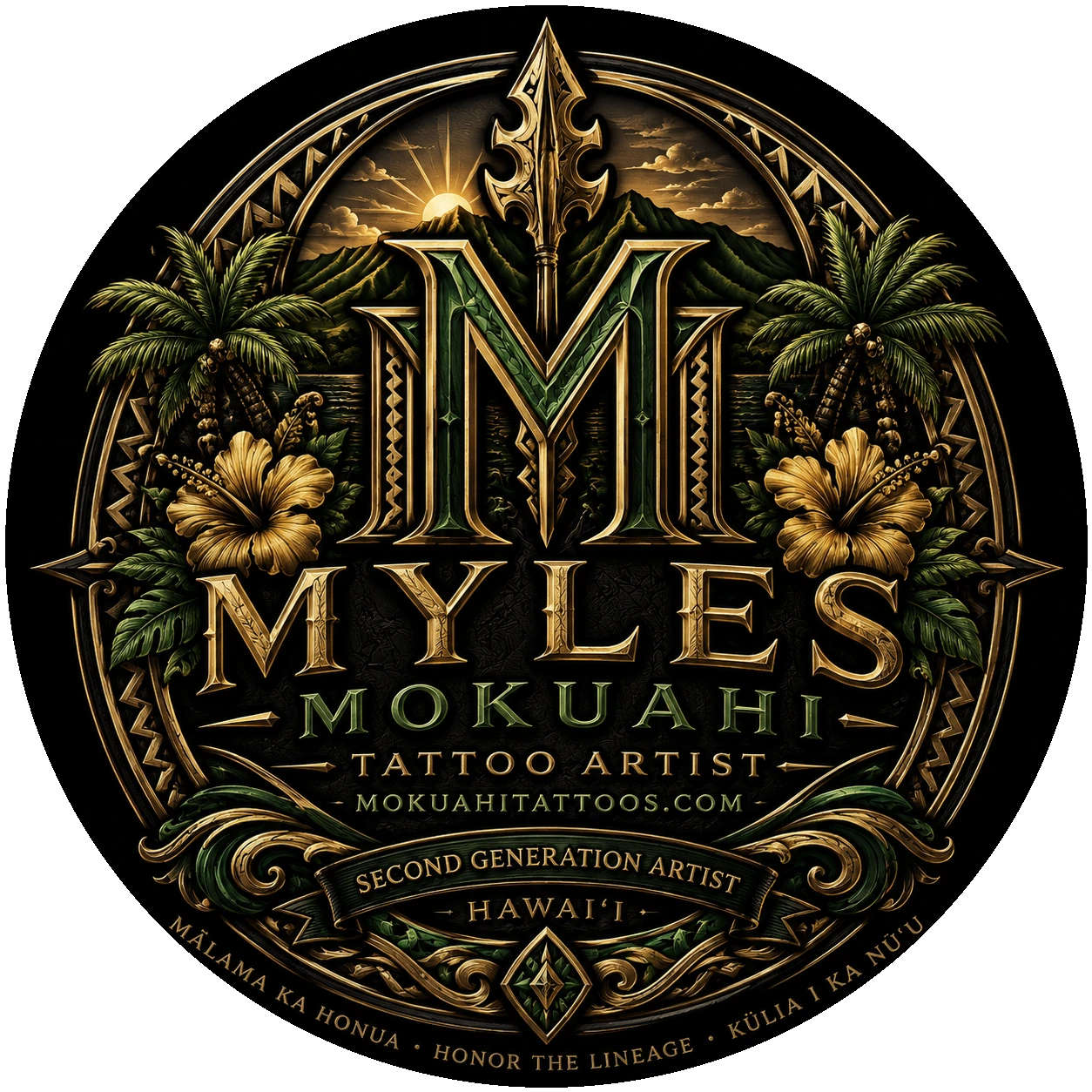 Myles Mokuahi logo — second-generation Hawaiian tattoo artist · gold M with palms and hibiscus · Aiea + Waikiki